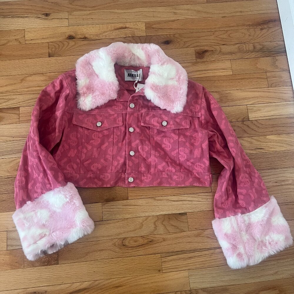 Namilia Pink Monogram Denim Crop Jacket NWY Medium